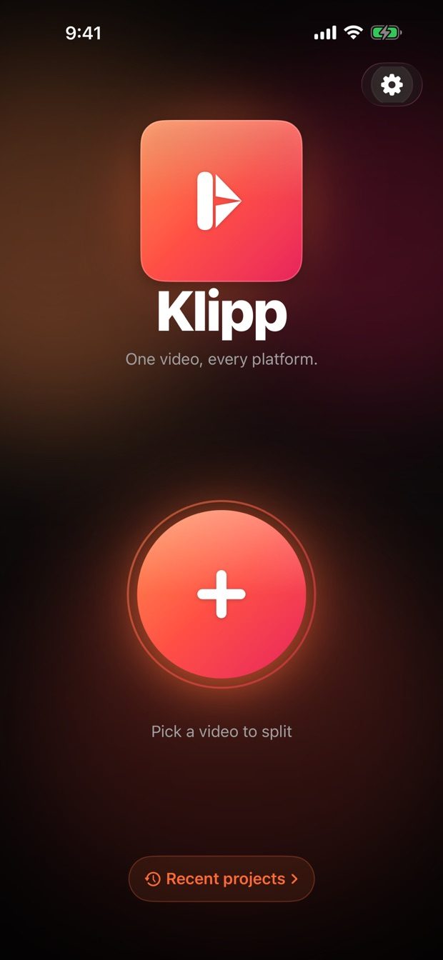 Klipp app — video splitting home screen
