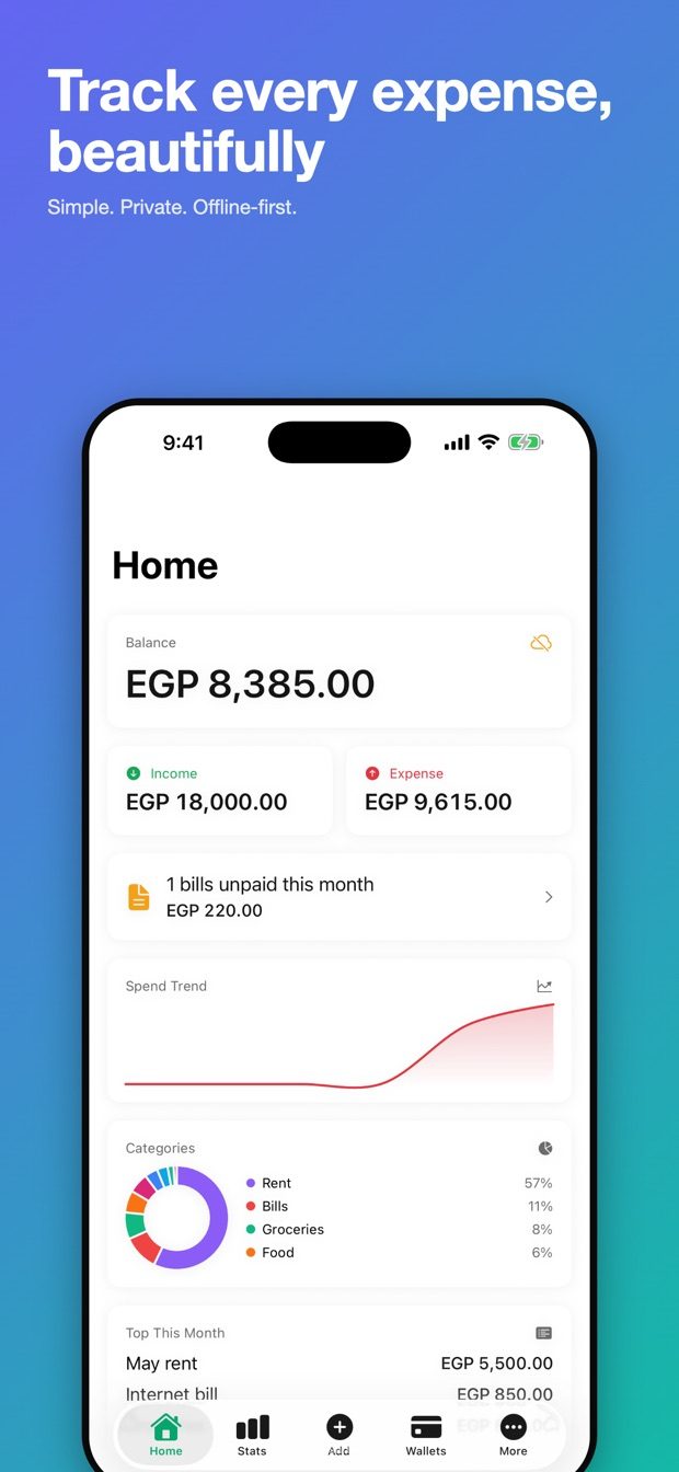 Masareefi app — expense tracking home